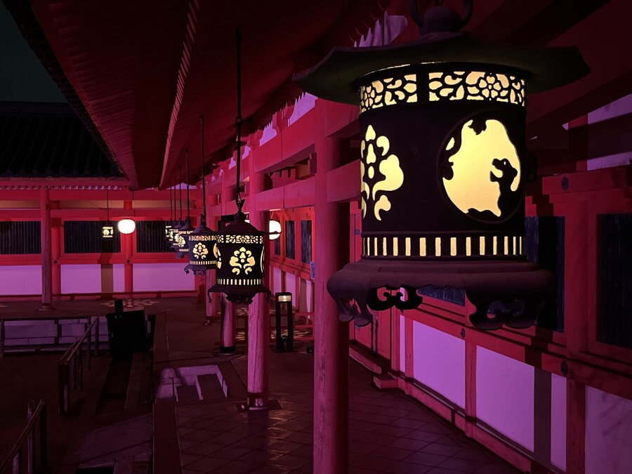 Japanese shrine lanterns at night